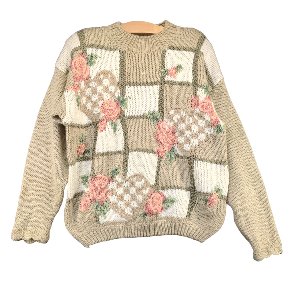 Maggie Lawrence Women's Chunky Knit Sweater Tan Large Long Sleeve Embroidered